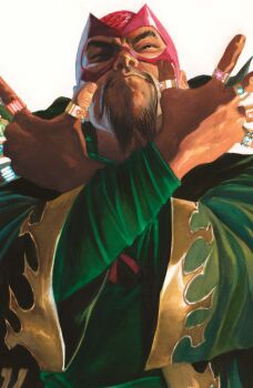 1boy absurdres alex_ross aqua_gem black_eyes black_facial_hair blue_gem comic_cover cover cover_page facial_hair gem gold_ring gold_trim green_robe highres iron_man_(series) jewelry male_focus mandarin_(marvel) marvel mature_male multiple_rings official_art pink_gem realistic red_gem red_mask ring robe solo upper_body western_comics_(style) white_background