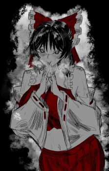 1girl artist_logo bow frilled_bow frills hair_bow hakurei_reimu heart heart-shaped_pupils highres limited_palette logo looking_at_viewer midriff navel own_hands_together qvikingr red_bow red_shirt red_skirt ribbon-trimmed_sleeves ribbon_trim shirt skirt solo symbol-shaped_pupils touhou wide_sleeves