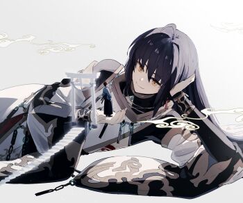 1boy 1other ahoge androgynous armrest black_hair black_hakama blue_kimono body_markings bracelet choker commentary_request detached_sleeves earrings fate/grand_order fate_(series) floating_earrings floating_stairs giant hair_between_eyes hair_down hair_intakes hakama head_rest highres japanese_clothes jewelry katana kimono long_sleeves lying miyamoto_iori_(fate) nagatekkou necklace ninjin_(ne_f_g_o) on_side sheath sheathed simple_background size_difference stairs sword topknot torii waraji weapon white_background wide_sleeves yamato_takeru_(fate) yamato_takeru_(third_ascension)_(fate) yellow_eyes