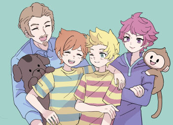 1girl 3boys blonde_hair boney brothers brown_dog brown_hair claus_(mother_3) dog duster_(mother) highres hooded_dress kumatora lucas_(mother_3) monkey mother_(series) mother_3 multiple_boys nintendo open_mouth orange_hair quiff salsa_(mother) shirt short_hair siblings smile striped_clothes striped_shirt yurushite_kudasai