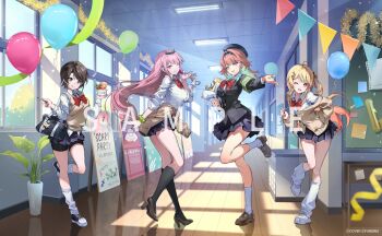 4girls absurdres bag bike_shorts_under_skirt black_hair black_shoes black_socks blonde_hair bow bowtie brown_shoes closed_mouth clothes_around_waist full_body high_heels highres holding holding_pen holding_spoon hololive hololive_dev_is hololive_english kneehighs loafers long_hair long_sleeves looking_at_viewer mori_calliope multiple_girls official_art oozora_subaru open_mouth orange_hair otonose_kanade pen pink_hair qure_(qxfixh) red_bow red_bowtie sample_watermark school_bag school_uniform scrunchie shirt shoes short_hair skirt smile socks spoon standing standing_on_one_leg takanashi_kiara tongue tongue_out virtual_youtuber watermark white_shirt white_shoes white_socks wrist_scrunchie