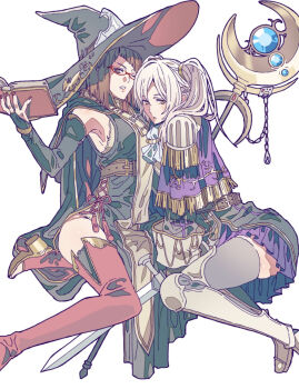 2girls alternate_costume armor armored_boots armpits black_bridal_gauntlets book boots breasts bridal_gauntlets commentary_request diagonal_bangs female_robin_(fire_emblem) female_robin_(grandmaster)_(fire_emblem) fire_emblem fire_emblem_awakening glasses gloves grey_thighhighs hair_tubes hat holding holding_book long_hair looking_at_viewer medium_breasts miriel_(fire_emblem) multiple_girls nintendo red-framed_eyewear red_hair red_thighhighs semi-rimless_eyewear short_hair skindentation thick_thighs thighhighs thighs tsujii_luki twintails under-rim_eyewear white_hair witch_hat