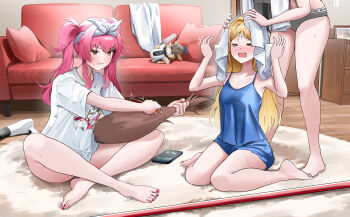 &gt;_&lt; 3girls absurdres alternate_costume bare_legs bare_shoulders barefoot blonde_hair blue_camisole blue_shorts blush breasts brushing_tail camisole cartethyia_(wuthering_waves) cellphone collarbone commentary couch drying drying_hair east_(east_0o0) female_rover_(wuthering_waves) grey_panties hair_dryer hairband highres indoors legs long_hair lupa_(wuthering_waves) medium_breasts merchandise multiple_girls nail_polish no_pants open_mouth panties phone pink_hair rover_(wuthering_waves) shirt shorts sitting smartphone tacet_mark_(wuthering_waves) tail thighs toenail_polish toenails twintails underwear wet white_hairband white_shirt wolf_tail wuthering_waves