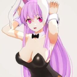 1girl 3d animal_ears animated bare_shoulders bouncing_breasts breasts breasts_out cleavage large_breasts light_purple_hair long_hair looking_at_viewer lowres mofumoko5 nipple_slip nipples purple_eyes rabbit_ears reisen_udongein_inaba smile solo thighs touhou video wardrobe_malfunction