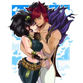 1boy 1girl abstract akali animal_ears black_hair fur_trim gloves hair_ornament hand_on_another&#039;s_face hetero highres holding_hands ladymardibujoss league_of_legends midriff muscular muscular_male navel ninja red_eyes riot_games scar scar_on_face sett_(league_of_legends)