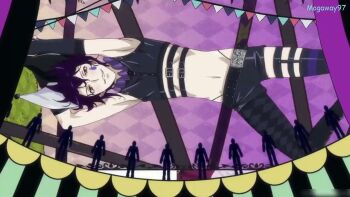 10s 1boy anime_screenshot belt black_hair boots circus crop_top dance_with_devils ending frills gloves hat jester_cap looking_at_viewer lying makeup male_focus natsumezaka_shiki navel pierrot red_eyes short_hair shorts smile solo striped thighhighs