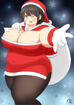 1girl black_hair black_pantyhose blush breasts capelet christmas cleavage dress fat fat_woman gloves harukakakkokari hat holding holding_sack large_breasts one_eye_closed open_mouth original pantyhose plump red_capelet red_dress red_hat sack santa_costume santa_dress santa_hat short_hair smile snowflake_background snowflakes solo standing strapless strapless_dress thick_thighs thighs white_gloves wink yellow_eyes