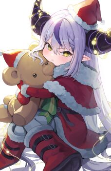 1girl :< absurdres boots capelet closed_mouth commentary demon_girl demon_horns dress fur-trimmed_boots fur-trimmed_capelet fur-trimmed_dress fur-trimmed_headwear fur_trim grey_hair hair_between_eyes hat highres holding holding_stuffed_toy hololive horns la+_darknesss lerome long_hair long_sleeves looking_at_viewer mittens multicolored_hair pantyhose pointy_ears purple_hair purple_horns red_boots red_capelet red_dress red_hat red_mittens santa_costume santa_dress santa_hat sitting solo streaked_hair striped_horns stuffed_animal stuffed_toy symbol-only_commentary teddy_bear two-tone_hair virtual_youtuber white_pantyhose yellow_eyes
