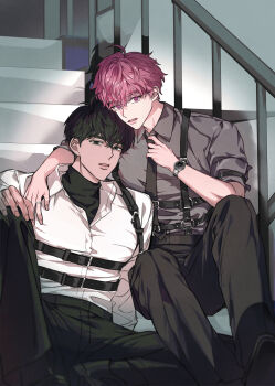 2boys adjusting_clothes adjusting_necktie ahoge arm_around_shoulder bamby_(plave) black_eyes black_hair black_necktie black_pants chest_harness commentary_request grey_shirt hair_between_eyes hamin_(plave) hand_on_own_knee harness highres k-pop korean_commentary long_sleeves looking_at_viewer male_focus multiple_boys necktie pants parted_lips pink_eyes pink_hair plave railing rjduf666 shirt short_hair short_sleeves sitting sitting_on_stairs stairs turtleneck watch white_shirt wristwatch