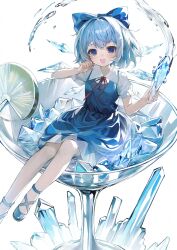 Rule 34 | 1girl, :d, absurdres, bentiao er ya chaojue da mianbao, blue bow, blue dress, blue eyes, blue footwear, blue hair, bow, cirno, commentary request, cup, dress, food, frilled sleeves, frills, fruit, full body, hair bow, hand up, highres, holding, ice, ice crystal, ice wings, in container, in cup, lime (fruit), lime slice, looking at viewer, medium hair, open mouth, puffy short sleeves, puffy sleeves, red ribbon, ribbon, shirt, shoes, short sleeves, sitting, smile, solo, touhou, water, white shirt, wings