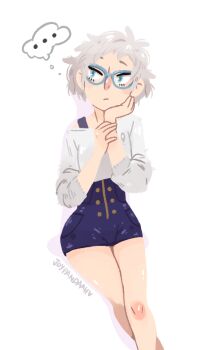 ... 1girl artist_name blue-framed_eyewear blue_eyes blue_shorts commentary english_commentary eyelashes fan_request hand_on_own_face high-waist_shorts joypandaah kyokugen_dasshutsu long_sleeves phi_(kyokugen_dasshutsu) shirt short_hair shorts simple_background solo speech_bubble thought_bubble tumblr_ask white_background white_hair white_shirt zero_escape:_toki_no_dilemma