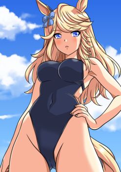 1girl animal_ears black_one-piece_swimsuit blonde_hair blue_eyes blue_sky breasts cloud commentary_request competition_swimsuit covered_navel gold_city_(umamusume) hand_on_own_hip highleg highleg_one-piece_swimsuit horse_ears horse_girl horse_tail long_hair looking_at_viewer medium_breasts one-piece_swimsuit sky solo swimsuit tail umamusume yuuyuu_(3jjbn)
