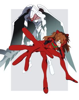 1girl angel_(evangelion) bodysuit giant giant_monster highres long_hair mecha_pilot_suit multicolored_bodysuit neon_genesis_evangelion orange_hair plugsuit_(evangelion) popo92_z red_bodysuit souryuu_asuka_langley