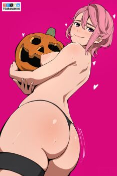 1girl artist_name ass bluesky_logo blush breasts commentary dandadan fanbox_logo halloween heart holding holding_pumpkin jack-o&#039;-lantern medium_breasts nipples patreon_logo pink_eyes pink_hair pixiv_logo pumpkin shiratori_aira_(dandadan) short_hair solo topless_female tsuranukko