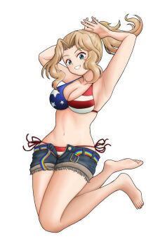 1girl absurdres amanone_yun american_flag american_flag_bikini american_flag_print armpits belt bikini blonde_hair blue_eyes blue_shorts blush breasts cleavage collarbone commentary_request flag_print flag_print_bikini full_body girls_und_panzer grin highres kay_(girls_und_panzer) large_breasts long_hair looking_at_viewer navel open_clothes open_shorts ponytail print_bikini rainbow_belt shorts side-tie_bikini_bottom simple_background smile solo swimsuit white_background