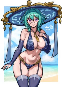 1girl absurdres artist_logo bikini blue_bikini blush breasts bridal_gauntlets garter_straps glasses green_hair grin hands_on_own_chest hat highres jingasa kelly_(darkmynde) large_breasts logo long_hair navel original purple_hair rotomdocs round_eyewear signature smile solo swimsuit thighhighs