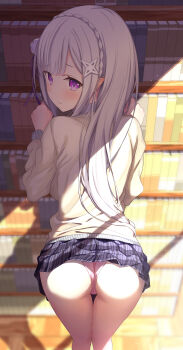1girl absurdres against_bookshelf ass bare_legs blunt_bangs blush book bookshelf braid closed_mouth clothes_lift crown_braid echiru39 elf emilia_(re:zero) feet_out_of_frame flower from_behind frown hair_flower hair_ornament hair_ribbon highres leaning_forward long_hair long_sleeves looking_at_viewer looking_back miniskirt panties pink_panties plaid_clothes plaid_skirt pleated_skirt pointy_ears presenting purple_eyes purple_ribbon purple_skirt re:zero_kara_hajimeru_isekai_seikatsu ribbon skirt skirt_lift solo standing sweater thigh_gap thighs underwear white_flower white_hair x_hair_ornament yellow_sweater