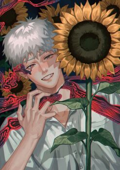 Rule 34 | 1boy, buttons, collared shirt, flower, grin, highres, hikaru ga shinda natsu, indou hikaru, looking at viewer, male focus, pocket, red pupils, shirt, short hair, smile, solo, sunflower, teeth, upper body, verbartt, white hair, white shirt