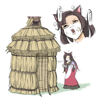 Rule 34 | 1girl, animal ears, black eyes, blowing, brooch, brown hair, building, clenched hands, closed eyes, dress, dripping, gem, heavy breathing, highres, house, imaizumi kagerou, jewelry, long hair, long sleeves, multicolored dress, nervous sweating, open mouth, peroponesosu., projected inset, red dress, red gemstone, simple background, solo, straw (stalk), sweat, three little pigs, touhou, v-shaped eyebrows, white background, wolf ears