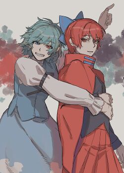 Rule 34 | 2girls, arm up, black shirt, blue bow, blue eyes, blue hair, blue skirt, blue vest, bow, capelet, commentary, grin, heshiko disco, heterochromia, highres, hug, hug from behind, index finger raised, long sleeves, looking at viewer, multiple girls, parted lips, red capelet, red eyes, red hair, red skirt, sekibanki, shirt, short hair, skirt, smile, tatara kogasa, teeth, touhou, vest, white shirt