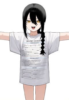 1girl braid braided_ponytail chainsaw_man english_text hair_between_eyes hair_over_shoulder hateaicringe highres job_application_form_(meme) long_hair looking_at_viewer meme nayuta_(chainsaw_man) ringed_eyes shirt simple_background single_braid smile t-shirt white_background white_shirt