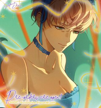 Rule 34 | 1girl, alien stage, black choker, black dress, black headdress, choker, commentary, dress, english commentary, english text, frilled dress, frills, green eyes, highres, looking down, mizi (alien stage), official alternate costume, pink hair, short hair, solo, very short hair, xnighten