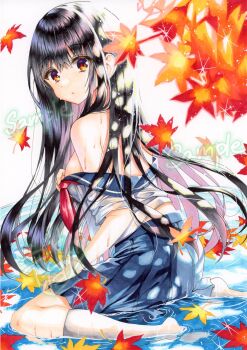 1girl :o autumn_leaves black_hair blue_sailor_collar blue_skirt breasts brown_eyes colorful commentary_request falling_leaves from_behind full_body highres large_breasts leaf long_hair long_sidelocks looking_at_viewer looking_back maple_leaf marker_(medium) motage_illust neckerchief no_shoes original parted_lips pleated_skirt red_neckerchief sailor_collar school_uniform serafuku shirt short_sleeves sidelocks sitting skirt socks solo straight_hair traditional_media undressing wariza water water_drop watermark wet white_shirt white_socks