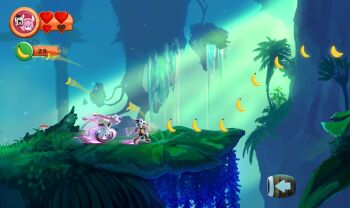 >_< 2girls banana barrel braid dark-skinned_female dark_skin donkey_kong_(series) donkey_kong_country donkey_kong_country_returns fake_screenshot food from_side fruit full_body gameplay_mechanics ganbarunba99705 genshin_impact grey_hair hair_ornament health_bar heart highres iansan_(genshin_impact) long_hair motion_blur multiple_girls nintendo outdoors pink_hair running skull skull_hair_ornament tail user_interface varesa_(genshin_impact) very_long_hair wheel_o_feet