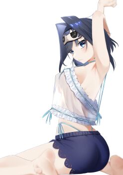 1girl absurdres arm_behind_head armpits arms_up ass barefoot blue_eyes blue_hair breasts camisole commentary crop_top english_commentary frilled_camisole frills hair_flaps hair_intakes highleg highleg_panties highres hololive hololive_english jape_(ja_pehhhh) large_breasts looking_at_viewer mask mask_on_head ouro_kronii outstretched_arm panties panty_straps parted_lips see-through_camisole see-through_clothes see-through_silhouette short_hair short_shorts shorts sideboob simple_background sitting sleep_mask soles solo toes underwear virtual_youtuber white_background white_camisole