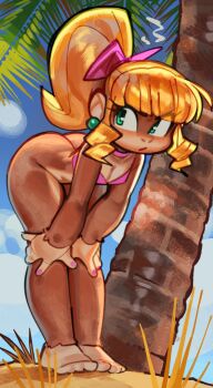 1girl artist_request bent_over blonde_hair bottomless bra coconut_tree dixie_kong donkey_kong_(series) donkey_kong_country earrings furry green_eyes hair_ribbon highres jewelry long_hair monkey_girl nintendo no_panties outdoors palm_tree pink_bra pink_nails ponytail rareware ribbon solo standing tree underwear wamudraws