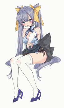 Rule 34 | 1girl, bare shoulders, black bow, blue dress, blue eyes, blue hair, blue nails, blush, bow, breasts, chigasaki yukari, china dress, chinese clothes, cleavage, commentary request, detached sleeves, dress, full body, hair bow, high heels, highres, large breasts, long hair, looking at viewer, nail polish, open mouth, original, simple background, sitting, smile, solo, thighhighs, twintails, v, white background, white thighhighs, yellow bow