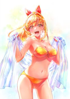 Rule 34 | 1girl, bikini, blonde hair, breasts, cowboy shot, hair intakes, high ponytail, holding, large breasts, looking at viewer, marin (umi monogatari), navel, non-web source, official art, open mouth, photoshop (medium), ponytail, solo, standing, strapless, strapless bikini, swimsuit, umi monogatari, w arms, yellow bikini, yellow eyes