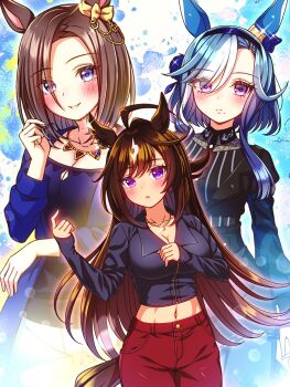Rule 34 | 3girls, admire groove (casual) (umamusume), admire groove (umamusume), ahoge, air groove (casual) (umamusume), air groove (umamusume), animal ears, belt, black belt, black dress, black jacket, black shirt, blue eyes, blue hair, blue jacket, blue shirt, blue sleeves, blush, bow, breasts, brown hair, casual, cleavage, closed mouth, collarbone, commentary request, dress, duramente (casual) (umamusume), duramente (umamusume), ear bow, ear covers, frown, hair between eyes, hairband, highres, horse ears, horse girl, horse tail, jacket, jewelry, large breasts, long hair, long sleeves, looking at viewer, medium breasts, midriff, mole, mole under mouth, multicolored hair, multiple girls, navel, necklace, open clothes, open jacket, pants, parted lips, purple eyes, red pants, shirt, short hair, short hair with long locks, smile, streaked hair, sugimotty nova, tail, umamusume, umamusume horse relations, white hair, white pants, white streaks, yellow bow