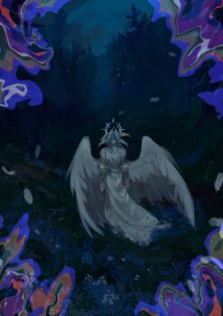 1boy alternate_costume blue_hair cinthgarden commentary english_commentary feathers forest grass halo hands_up head_wings highres honkai:_star_rail honkai_(series) long_hair male_focus multiple_wings nature outdoors robe sunday_(honkai:_star_rail) tree white_robe white_wings wings