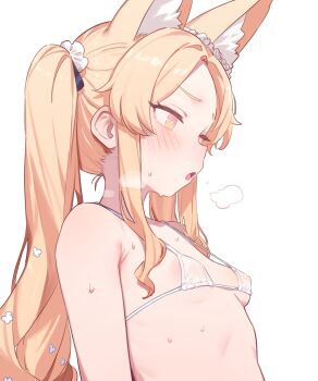 1girl alternate_costume animal_ear_fluff animal_ears bikini blonde_hair blue_archive blush breasts commentary_request fox_ears fox_girl heoningu highres long_hair looking_to_the_side micro_bikini open_mouth seia_(blue_archive) simple_background small_breasts solo swimsuit white_background white_bikini yellow_eyes