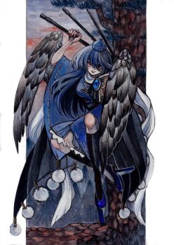 Rule 34 | 1girl, armor, black hair, black wings, blue dress, blue hat, blue shoes, border, coat, commentary request, dress, fang, feathered wings, full body, geta, grin, hair between eyes, hat, highres, holding, holding tripod, iizunamaru megumu, long hair, long hair between eyes, outdoors, painting (medium), pauldrons, red eyes, red nails, ribbon-trimmed sleeves, ribbon trim, shoes, shoulder armor, shoulder guard, single pauldron, sky, sleeveless, sleeveless coat, smile, solo, surume (surumemodoki), tengu, tengu-geta, tengu pose, tokin hat, touhou, traditional media, tree, tripod, watercolor (medium), white border, wide sleeves, wings