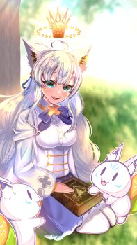 1girl absurdres ahoge animal_ear_fluff animal_ears blue_skirt blurry blurry_background braid breasts commentary_request corset crown earrings floating_crown fox_ears fox_girl green_eyes hair_between_eyes highres hololive jewelry kuroneko_noraneko long_hair long_sleeves looking_at_viewer medium_breasts outdoors seiza shirakami_fubuki shirakami_fubuki_(saint) shirt sidelocks single_braid sitting skirt sukonbu_(shirakami_fubuki) thighhighs twin_braids virtual_youtuber white_hair white_shirt white_thighhighs