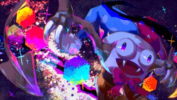 Rule 34 | bow, bowtie, brown shoes, claws, commentary request, fangs, hat, jester cap, kirby (series), marx (kirby), nintendo, no humans, open mouth, pom pom (clothes), purple eyes, rasikimono21489, red bow, red bowtie, shoes, slit pupils, sparkle