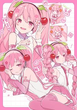 >_< 1girl 39 arm_tattoo ashika_(yftcc948) boots braid character_name cherry_blossoms cherry_hair_ornament closed_eyes commentary_request fingernails flower food-themed_hair_ornament hair_between_eyes hair_flower hair_ornament hatsune_miku hatsune_miku_(nt) highres light_blush long_hair long_sleeves looking_at_viewer nail_polish number_tattoo one_eye_closed open_mouth pink_eyes pink_flower pink_hair pink_nails pink_ribbon pink_skirt pleated_skirt ribbon sakura_miku see-through_clothes see-through_sleeves shirt skirt sleeveless sleeveless_shirt smile tattoo thigh_boots twin_braids twintails very_long_hair vocaloid