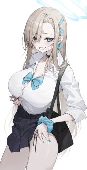 1girl absurdres asuna_(blue_archive) asuna_(school_uniform)_(blue_archive) bag black_panties black_skirt blonde_hair blue_archive blue_bow blue_bowtie blue_eyes blue_halo blush bow bowtie breasts button_gap choker cleavage clothes_lift collarbone collared_shirt grin hair_over_one_eye hair_ribbon halo hand_on_own_thigh highres large_breasts long_hair looking_at_viewer mokew panties pleated_skirt ribbon school_bag school_uniform scrunchie shirt skirt skirt_lift sleeves_rolled_up smile solo string_panties thighs underwear very_long_hair white_shirt wrist_scrunchie