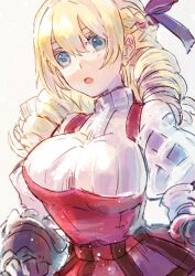 Rule 34 | 1girl, blonde hair, blue eyes, breasts, cowboy shot, dress, drill hair, gauntlets, hair ribbon, highres, juliet sleeves, large breasts, long hair, long sleeves, looking at viewer, miyama (lacrima01), open mouth, puffy sleeves, red dress, ribbed sweater, ribbon, scarlett (unicorn overlord), simple background, solo, sweater, turtleneck, turtleneck sweater, unicorn overlord, white background, white sweater