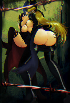 absurdres bare_shoulders beelstarmon belt black_coat black_dress black_gloves black_hair black_mask black_pants blonde_hair blue_mask blush breasts coat cropped_vest crossover derringer digimon digimon_(creature) dress earrings eye_mask fingering gloves gold_earrings gold_hairband gun hair_ornament hairband handgun highres jacket jewelry large_breasts leather leather_jacket leather_pants long_hair mask navel pants red_eyes sidelocks simple_background spy_x_family third_eye tight_clothes tight_pants two-sided_dress two-sided_fabric ur_lilith vest weapon yor_briar yuri