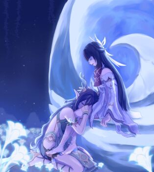 Rule 34 | 2girls, antlers, back hair, bare shoulders, barefoot, closed eyes, columbina (genshin impact), commentary, deer antlers, dress, emeraldice67, english commentary, eye mask, flower, full body, genshin impact, hair ornament, highres, horns, lap pillow, lauma (genshin impact), long hair, long sidelocks, mask, multicolored hair, multiple girls, open mouth, purple hair, seiza, sidelocks, sitting, very long hair, white dress, white flower, wing hair ornament