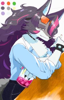 1girl absurdres animal_ears arknights black_hair black_pants cigarette collar commentary_request crossed_arms cup drinking_glass eyewear_on_head furry furry_female grey_eyes half-closed_eyes highres holding holding_cigarette holding_cup ice ice_cube long_hair looking_at_viewer lupina_(arknights) multicolored_hair orange-tinted_eyewear pants pink_streaks rakkyo_muscle shirt solo streaked_hair table tinted_eyewear upper_body white_shirt wolf_ears wolf_girl