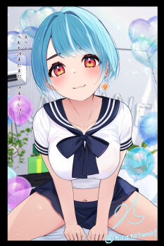 1girl :3 air_conditioner alternate_costume balloon black_border black_bow black_bowtie black_sailor_collar black_skirt blue_hair blush border bow bowtie breasts closed_mouth commentary_request diamond_earrings earrings gradient_hair heart_balloon highres indoors jewelry leaning_forward looking_at_viewer medium_breasts midriff miniskirt miramira1908 multicolored_hair navel pleated_skirt red_eyes sailor_collar school_uniform serafuku shiranami_ramune shirt short_hair short_sleeves single_earring skirt smile solo spread_legs straddling streaked_hair swept_bangs taut_clothes taut_shirt thighs twitter_username virtual_youtuber vspo! white_hair white_shirt