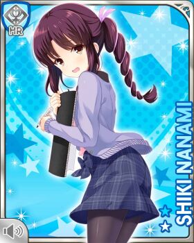 Rule 34 | 1girl, black pantyhose, blue background, blue shorts, brown eyes, card (medium), cardigan, character name, embarrassed, girlfriend (kari), hair ribbon, holding, holding pen, holding sketchbook, looking at viewer, nanami shiki, official art, open cardigan, open clothes, pantyhose, pen, pink ribbon, pink shirt, plaid clothes, plaid shorts, purple cardigan, qp:flapper, raised inner eyebrows, red hair, ribbon, shirt, shorts, sketchbook, solo, standing