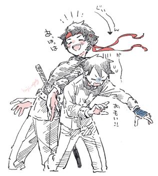 2boys ace_attorney arms_up arrow_(symbol) belt blush buttons closed_eyes commentary_request cropped_legs double-parted_bangs gakuran hair_between_eyes hazime jacket katana kazuma_asogi layered_sleeves leaning_on_person long_sleeves male_focus multiple_boys open_mouth pants ryunosuke_naruhodo school_uniform short_hair smile sweatdrop sword the_great_ace_attorney translation_request v-shaped_eyebrows weapon