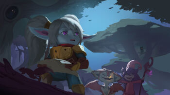 Rule 34 | absurdres, armor, bird, blue skin, character request, colored skin, commentary, dragon, english commentary, forest, gloves, gold armor, hair up, highres, holding, holding map, holding wand, league of legends, leather, leather gloves, littleduck307, looking to the side, map, nature, open mouth, owl, pointy ears, poppy (league of legends), purple eyes, squirrel, wand