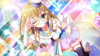 1girl ball black_garter_straps black_thighhighs blonde_hair blue_corset blue_eyes blue_necktie boots closed_mouth collarbone corset dot_nose dress dutch_angle earrings fang film_grain fountain furumi_chie game_cg garter_straps glasses hand_on_own_hip hat headset izumi_tsubasu jewelry layered_skirt leaning_forward lens_flare long_hair looking_at_viewer necktie non-web_source official_art orange_skirt pink_skirt re:stage! sailor_hat salute screen short_necktie skin_fang skirt smile solo sparkle standing standing_on_one_leg thighhighs tilted_headwear white_boots white_dress white_hat