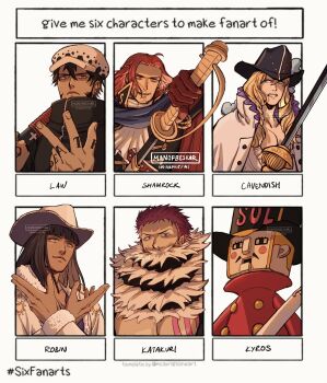 1girl 2025 5boys beard black_coat black_hair black_hat blue_eyes blunt_bangs cavendish_(one_piece) charlotte_katakuri coat commentary drill_hair earrings facial_hair figarland_shamrock fur-trimmed_coat fur_trim gloves hand_tattoo hat hat_feather highres holding holding_sword holding_weapon jewelry kyros_(one_piece) manofbeskar multiple_boys multiple_drawing_challenge nico_robin nico_robin_(alabasta) one_piece purple_hair red_hair short_hair sidelocks six_fanarts_challenge smile sword tattoo thunder_soldier trafalgar_law v-shaped_eyebrows weapon white_coat white_hat